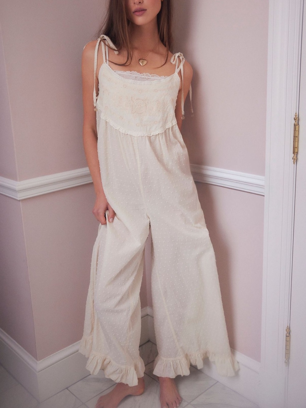 Free People Cream Lace-Trim Wide-Leg Jumpsuit